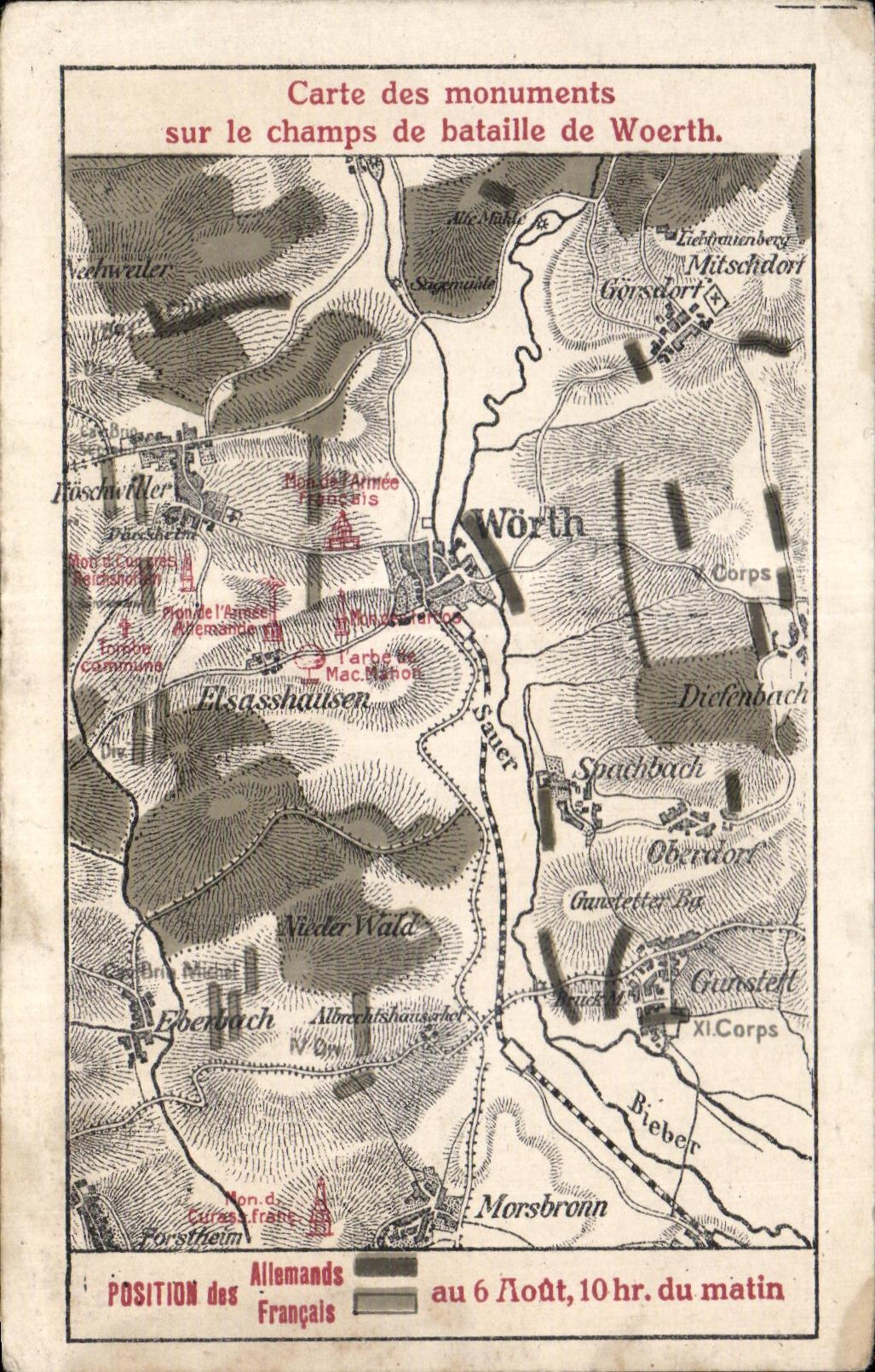 CPA Militaria Carte des monuments sur le champs de bataille de Woerth