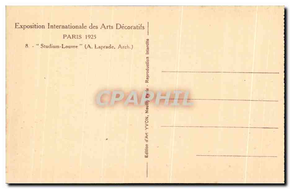 CPA Exposition internationale des Arts decoratifs Paris 1925 Studium Louvre Grands magasins du Louvre — Rückseite