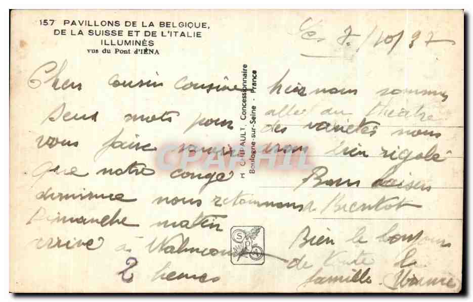 CPA Exposition internationale Paris 1937 Vus du pont d Iena Pavillons de la Belgique de la Suisse et de l Italie  — Verso