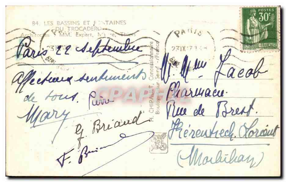 Exposition Internationale Paris 1937 — Bassins et fontaines du Trocadéro — éditeur H. CHIPAUT, Boulogne-sur-Seine — Rückseite