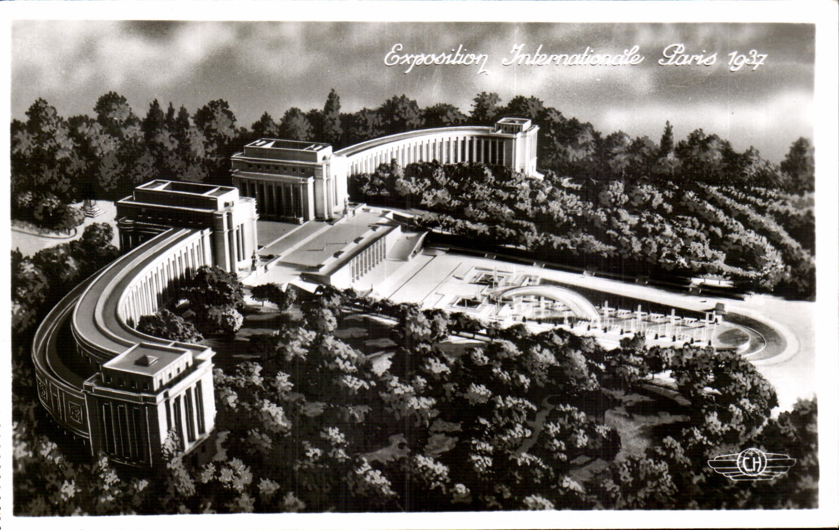 Exposición Internacional de París 1937 — El Palacio del Trocadéro y los Estanques — H. CHIPIA, Concesionario, Boulogne-Billancourt, Francia
