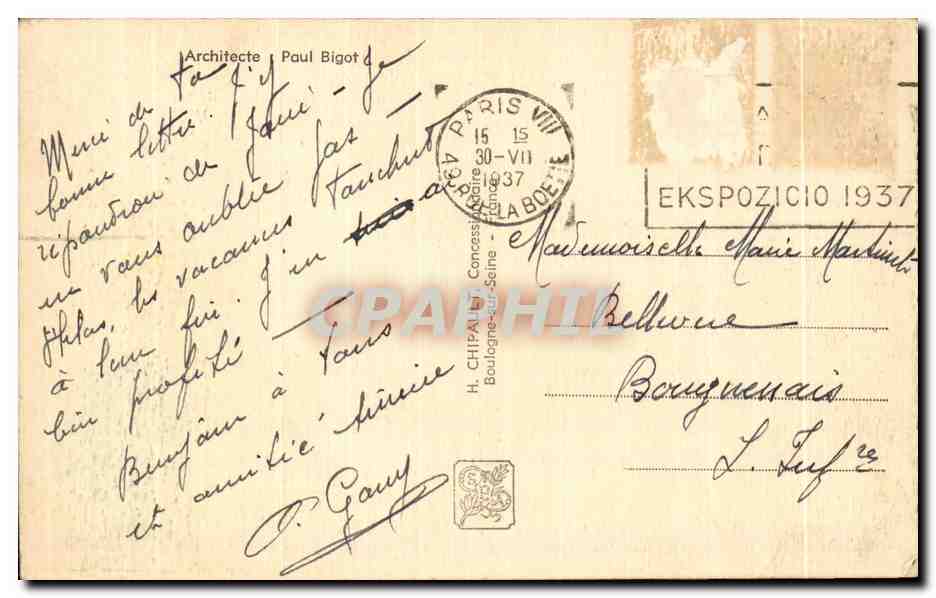 CPA Exposition Internationale Paris 1937 Architecte Paul Bigot Coq Tour Eiffel — Verso
