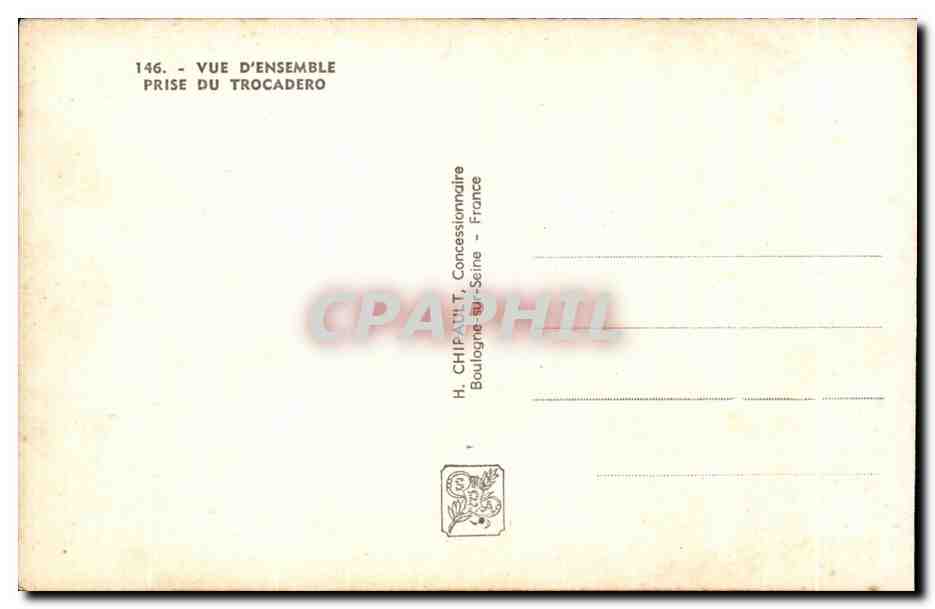 Exposición Internacional de París 1937 — vista general tomada desde el Trocadéro — H. CHIPART, Boulogne-sur-Seine — Reverso