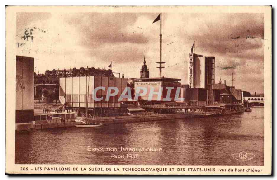 Los Pavillones de Suecia, Checoslovaquia y Estados Unidos — Exposición Internacional de París 1937 — vista del Puente de Iéna