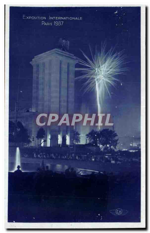 Internationale Expo Parijs 1937 — Nachtgezicht op het Palais de Chaillot met vuurwerk — uitgever CH