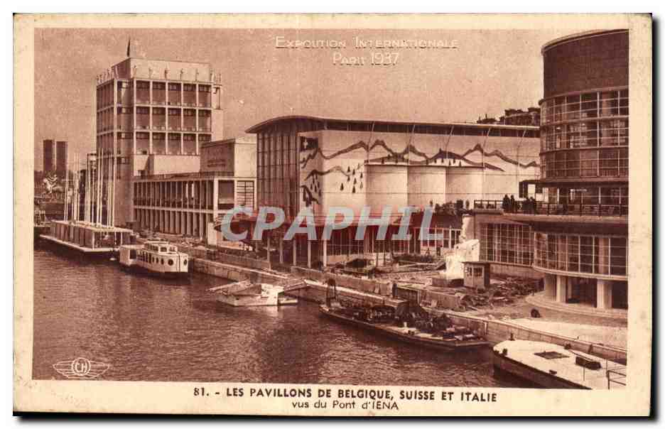 Les Pavillons de Belgique, Suisse et Italie — Exposition Internationale Paris 1937 — CPAPHIL