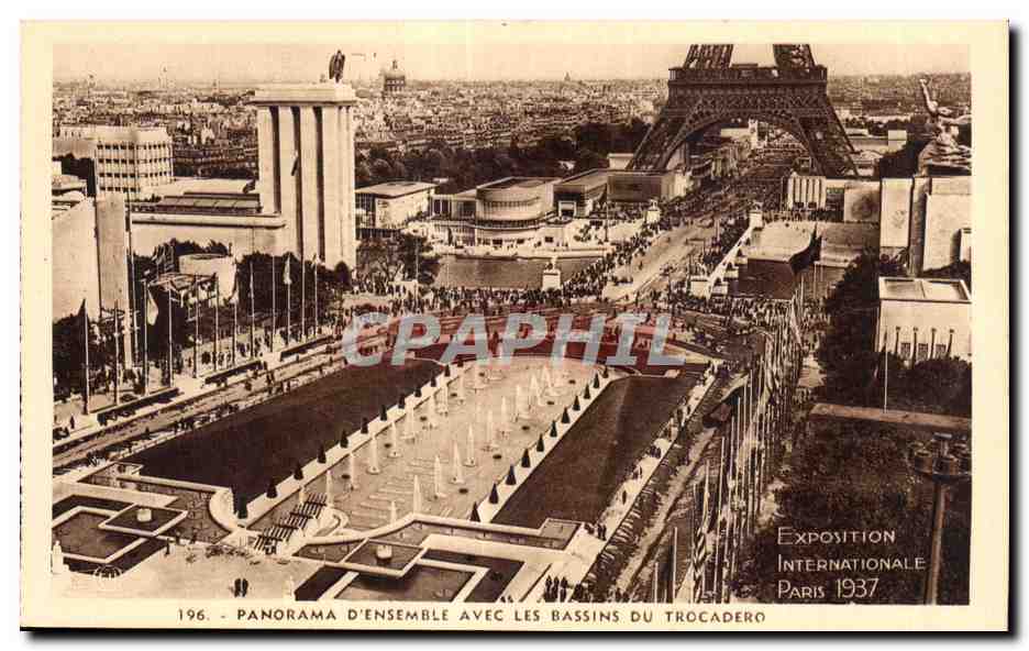 Algemeen panorama met de bassins van het Trocadéro — Internationale Expo Parijs 1937 — n° 196