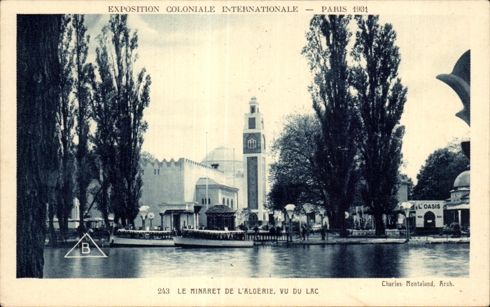 Minareto dell'Algeria, vista dal lago — Esposizione Coloniale Internazionale, Parigi 1931 — Charles Montaland, Arch.