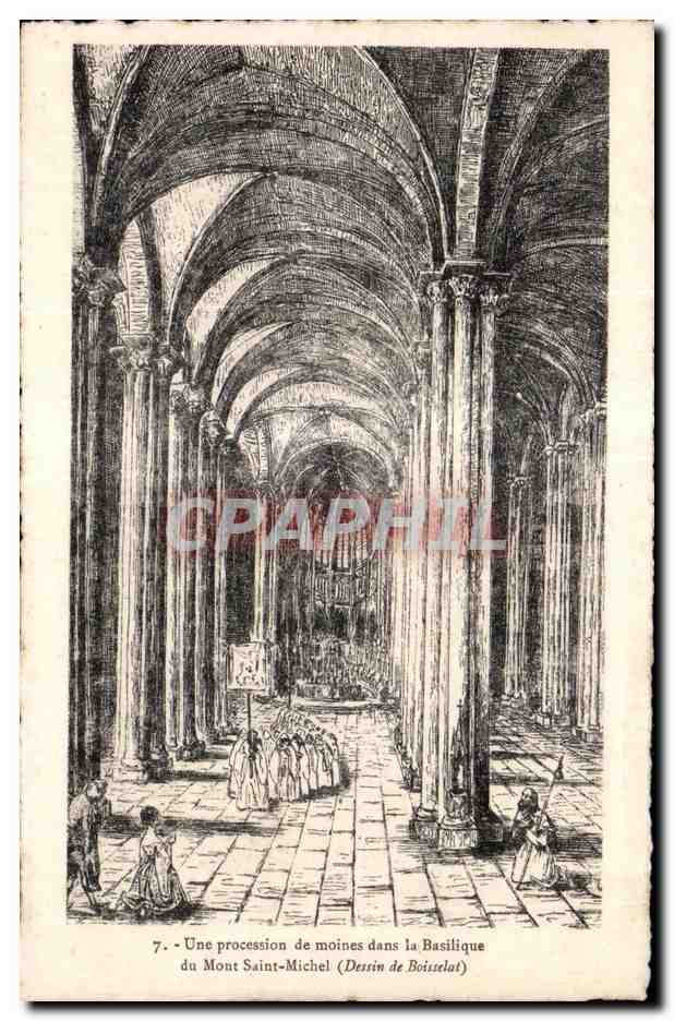 Procession de moines dans la Basilique du Mont Saint-Michel — Dessin de Boisselat — Éditeur fr. Simon, Rennes