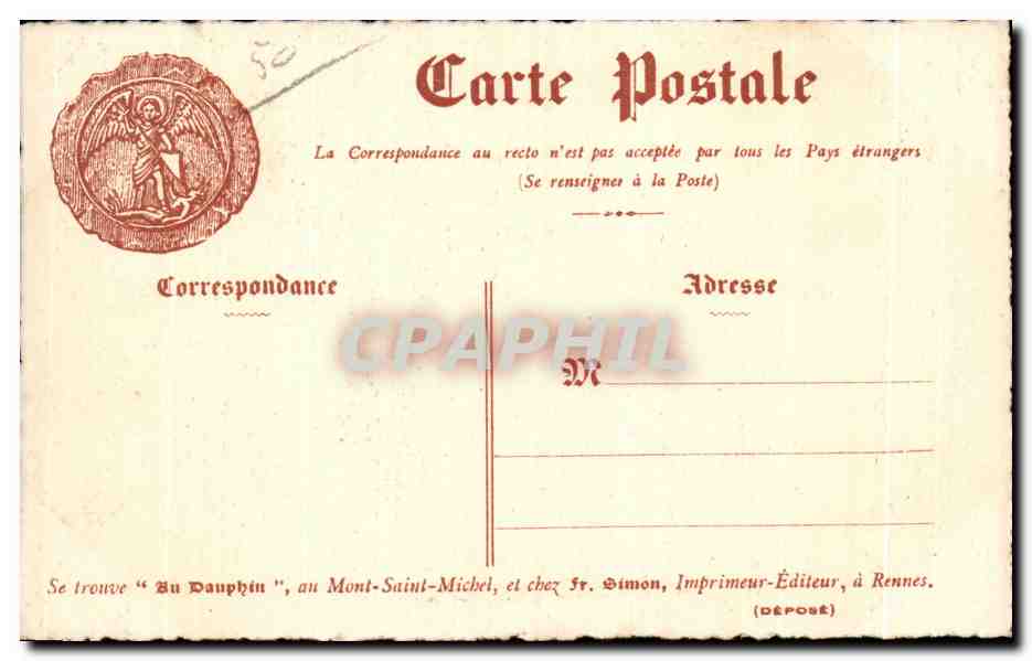 Le Mont Saint-Michel au moyen-âge avant l'an 1594 — gravure — Fr. Simon, Imprimeur-Éditeur, à Rennes — Verso