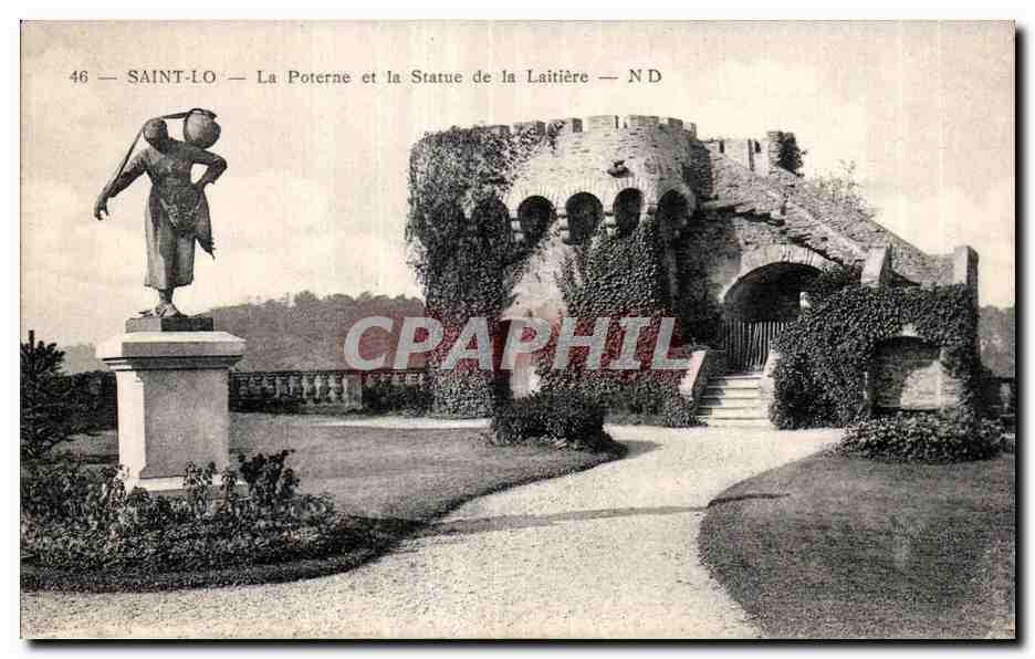 CPA Saint lo La poterne et la statue de la laitiere 