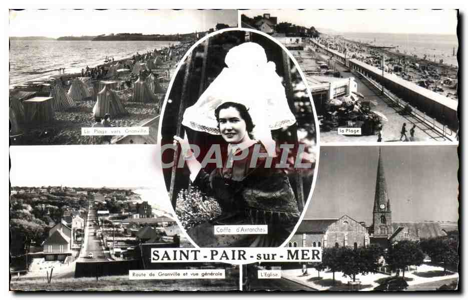 Saint-Pair-sur-Mer — vue panoramique avec plage, église et portrait féminin — CPAHIL