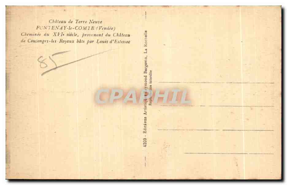 Château de Terre Neuve, Cheminée — Fontenay-le-Comte, éditeur Raymond Bergevin, n° 4209 — Verso