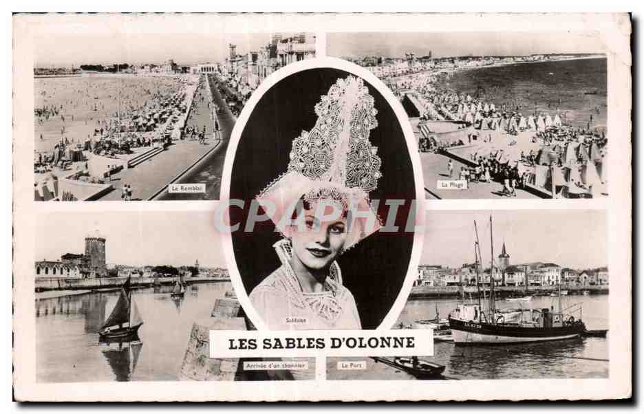 Les Sables d'Olonne — Vue panoramique avec femme en costume traditionnel — Éditions Gaby, Nantes