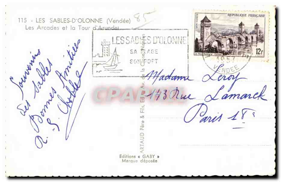 Les Sables-d'Olonne — Les Arcades et la Tour d'Arundel — Éditions Gaby — Verso