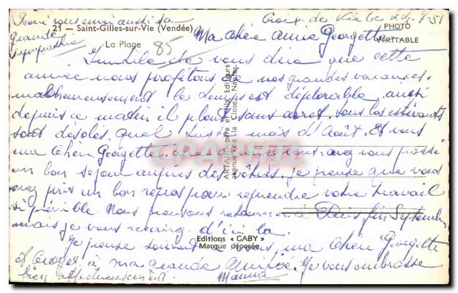 CPA Saint gilles sur vie vendee la plage — Verso