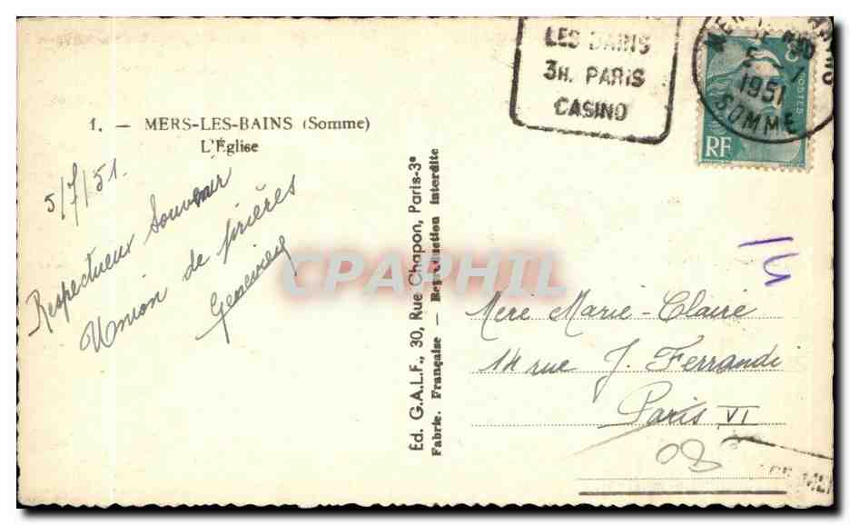CPA Mers Les Bains Somme l Eglise — Verso