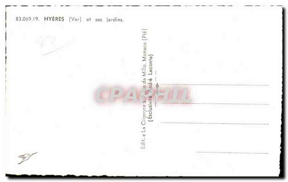 Hyères (Var) et ses jardins — Édition « La Cigogne » de Milo, Monaco (Pié) — n° 83.069.19 — Reverso