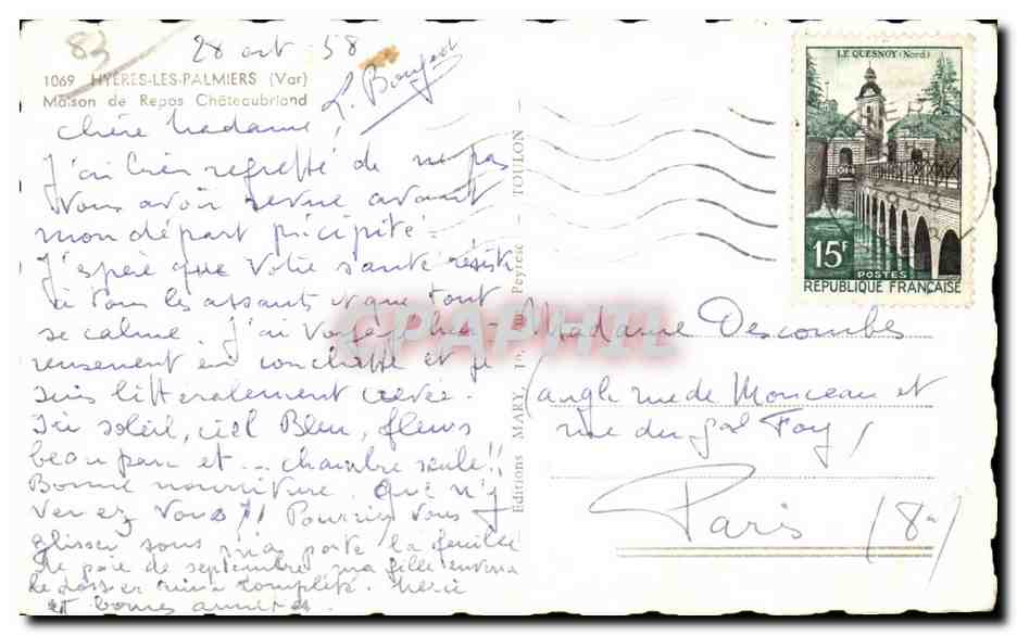 CPA Hyeres les Palmiers VarMaison de Repos Chateaubriand — Rückseite