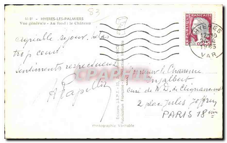 Hyères-les-Palmiers — Vue générale — Au fond : le Château — Éditions S.E.P.T. - 35 — Rückseite
