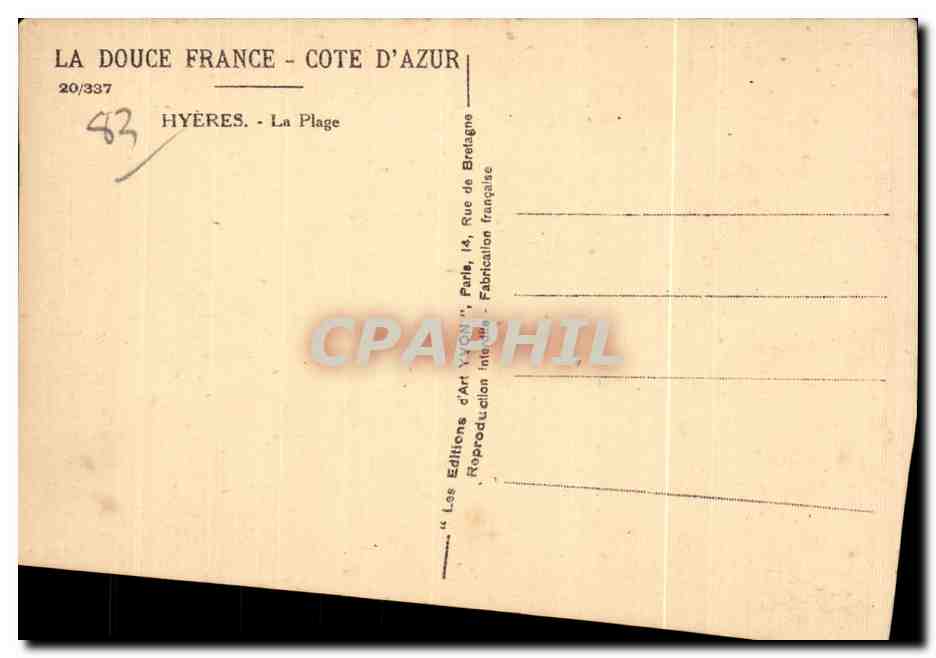 Hyères - La Plage — Côte d'Azur — Éditions d'Art YVON — Rückseite
