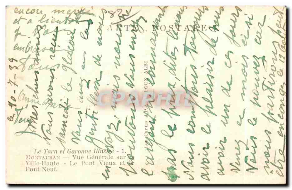 Montauban — Vue Générale sur la Ville-Haute et le Pont Neuf — éditeur Arténo Postalien, n°1 — Verso