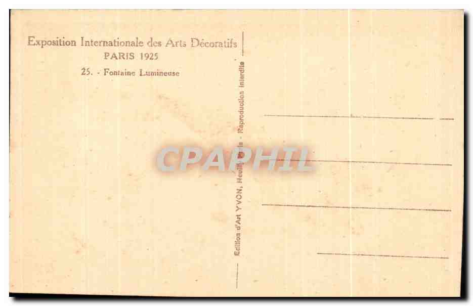 Fontaine Lumineuse — Exposition Internationale des Arts Décoratifs, Paris 1925 — Édition d'Art YVON — Rückseite