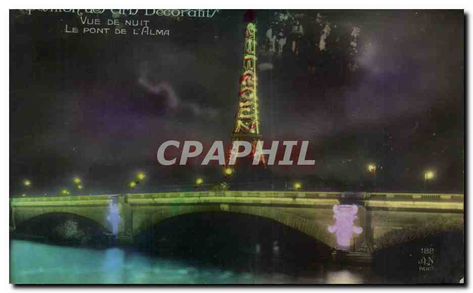 Vue de nuit du Pont de l'Alma — Exposition des Arts Décoratifs — Éditeur A.N. Paris, n°188