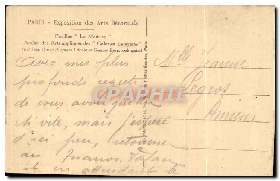 CPA Paris Exposition des arts Decoratifs Pavillon la Maitrise — Verso