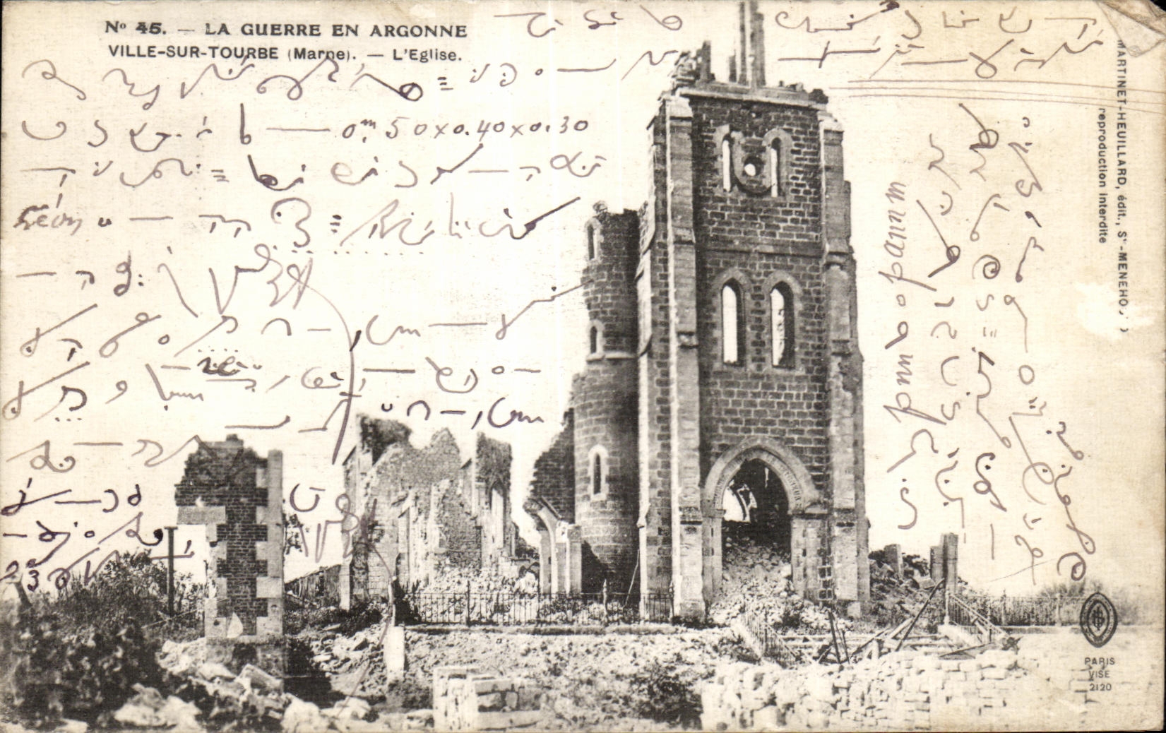 Ville-sur-Tourbe (Marne) — L'Église en ruines après la guerre — Martinet-Heuillard édit., St-Menehould, n°45