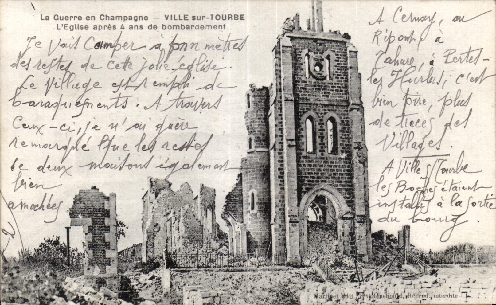 Ville-sur-Tourbe — Église après 4 ans de bombardement — Martinet & Bill, Marcheboeuf, Réf. interdite