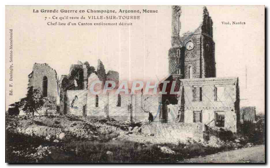 Ville-sur-Tourbe — Ruines de l'église après la Grande Guerre — Ed. F. Deingly, Sainte-Menehould