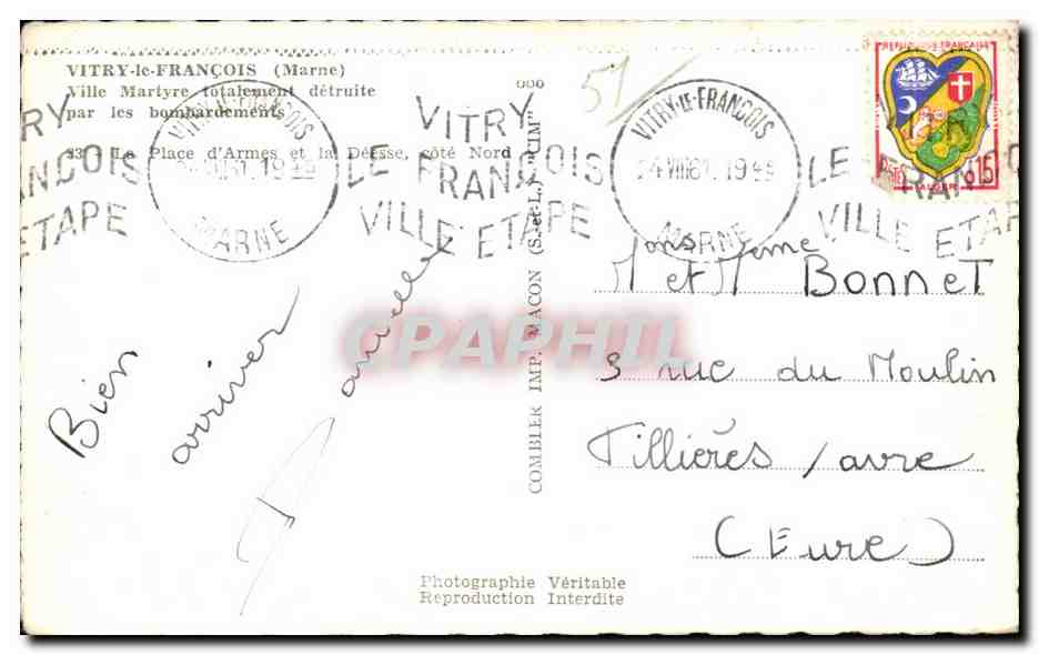 CPSM Vitry le Francois Marne Ville Martyre Totalement Detruite — Verso