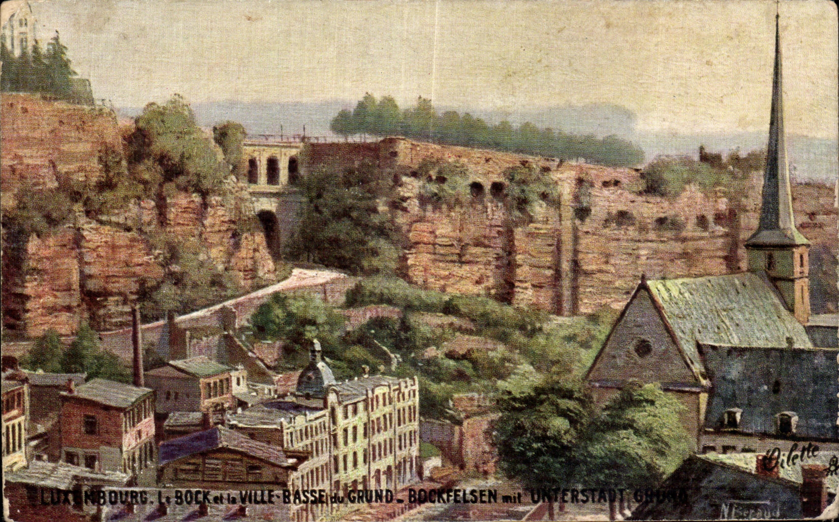 CPA Luxembourg L Bock et la Ville Basse du Grund Bockfelsen mit