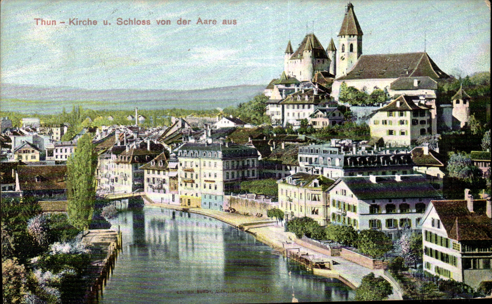 CPA Thun Kirche u Schioss von der Aare aus