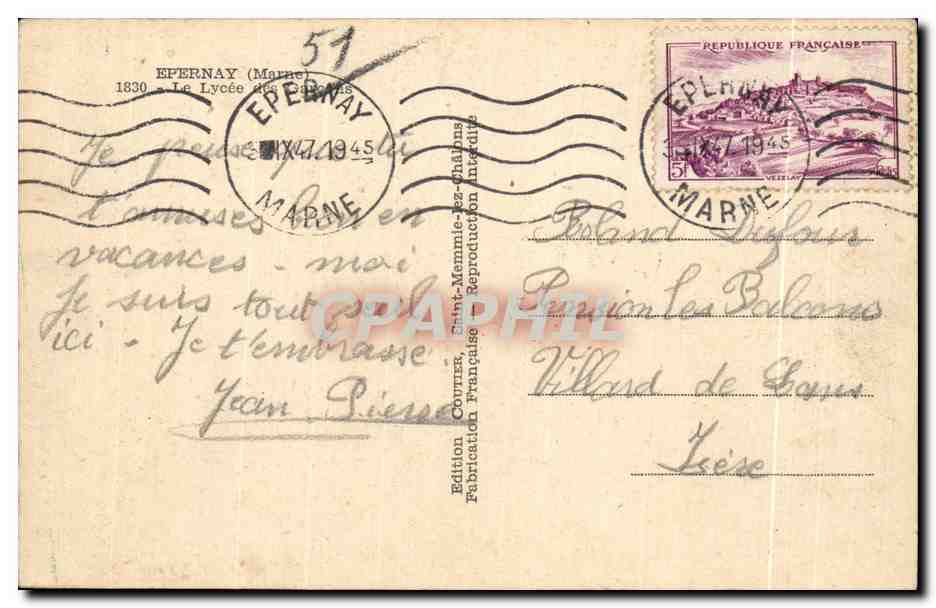 CPA Epernay (Marne) Le Lycee des garcons — Rückseite