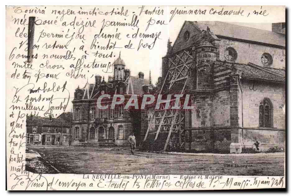 La Neuville-au-Pont (Marne) — Église et Mairie — vue de la mairie avec église en travaux