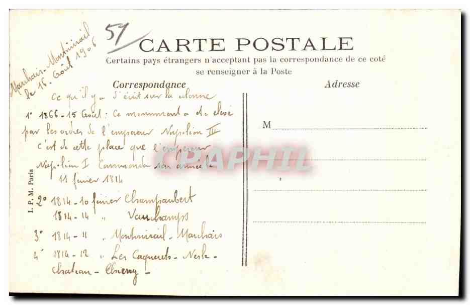 CPA Colonne Commemorative de la Bataille de Marchais Montmirail 11 Fevrier 1814 — Back