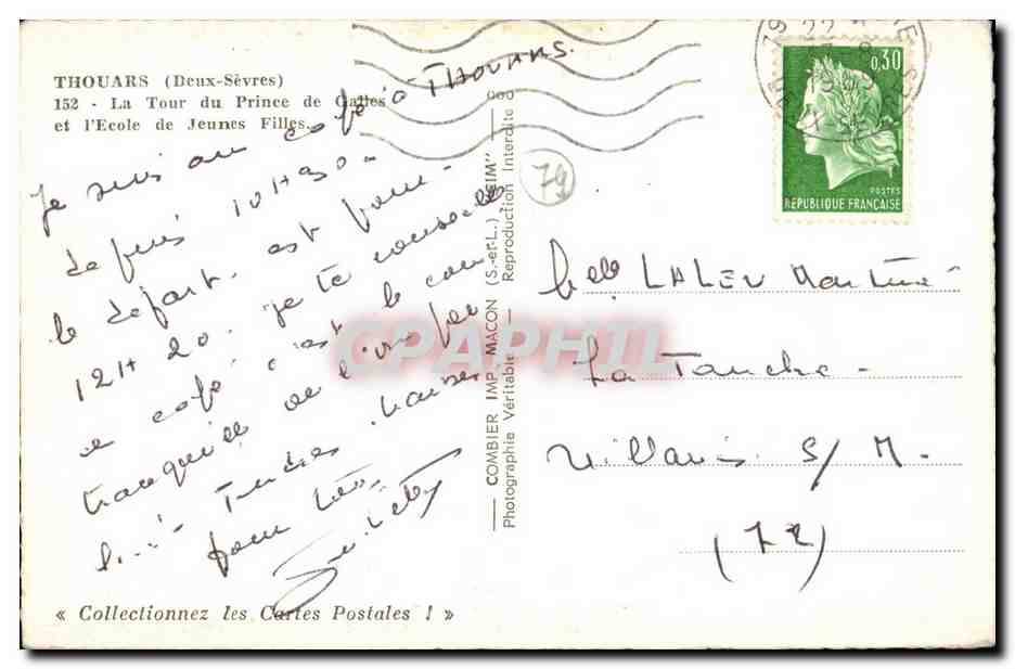 Thouars (Deux-Sèvres) — La Tour du Prince de Cartes et l'École des Jeunes Filles — Combière Imp. Macon — Verso