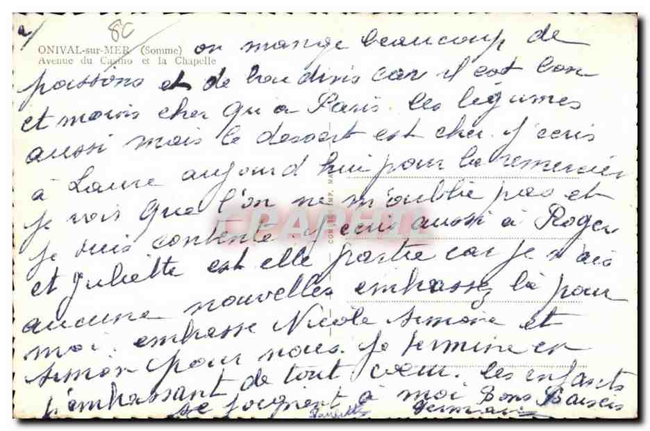 CPA Onival sur Mer Somme Avenue du Casino et la Chapelle — Back