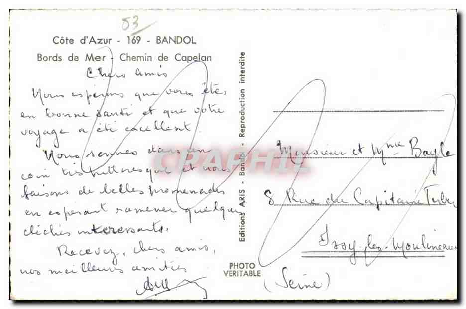 Bords de Mer - Chemin de Capelan — Bandol, Côte d'Azur — Éditions ARIS — Rückseite