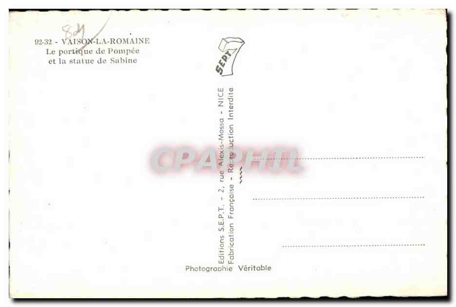 Vaison-la-Romaine — Le portique de Pompée et la statue de Sabine — Éditions S.E.P.T. — Verso
