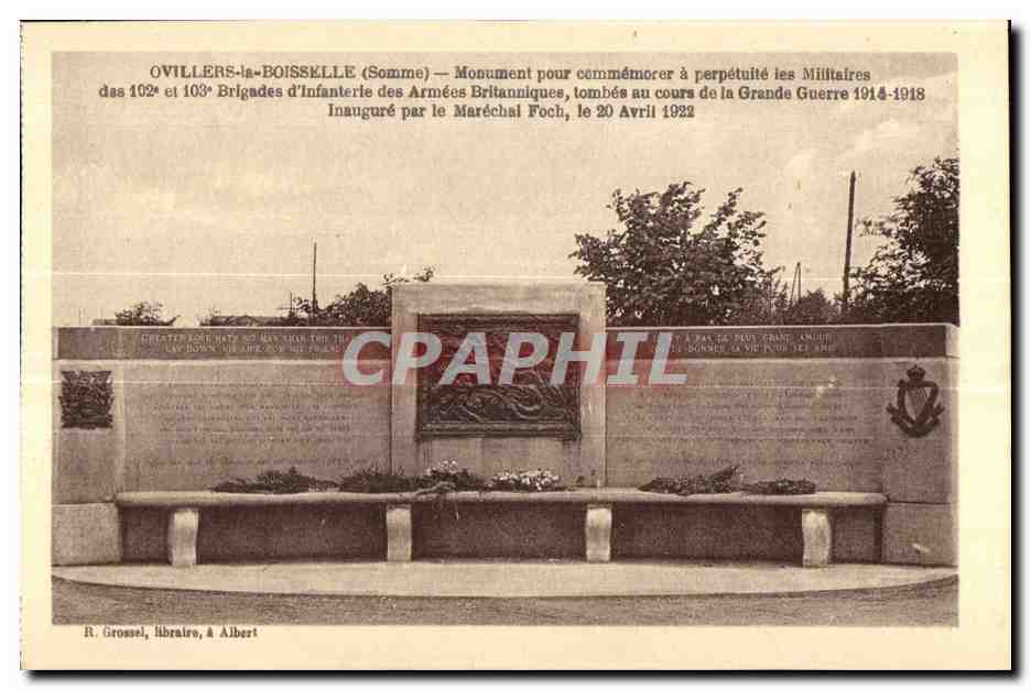 Ovillers-la-Boisselle (Somme) — Monument commémoratif pour les militaires des 102e et 103e Brigades d'Infanterie des Armées Britanniques — Inauguré par le Maréchal Foch, 20 Avril 1922