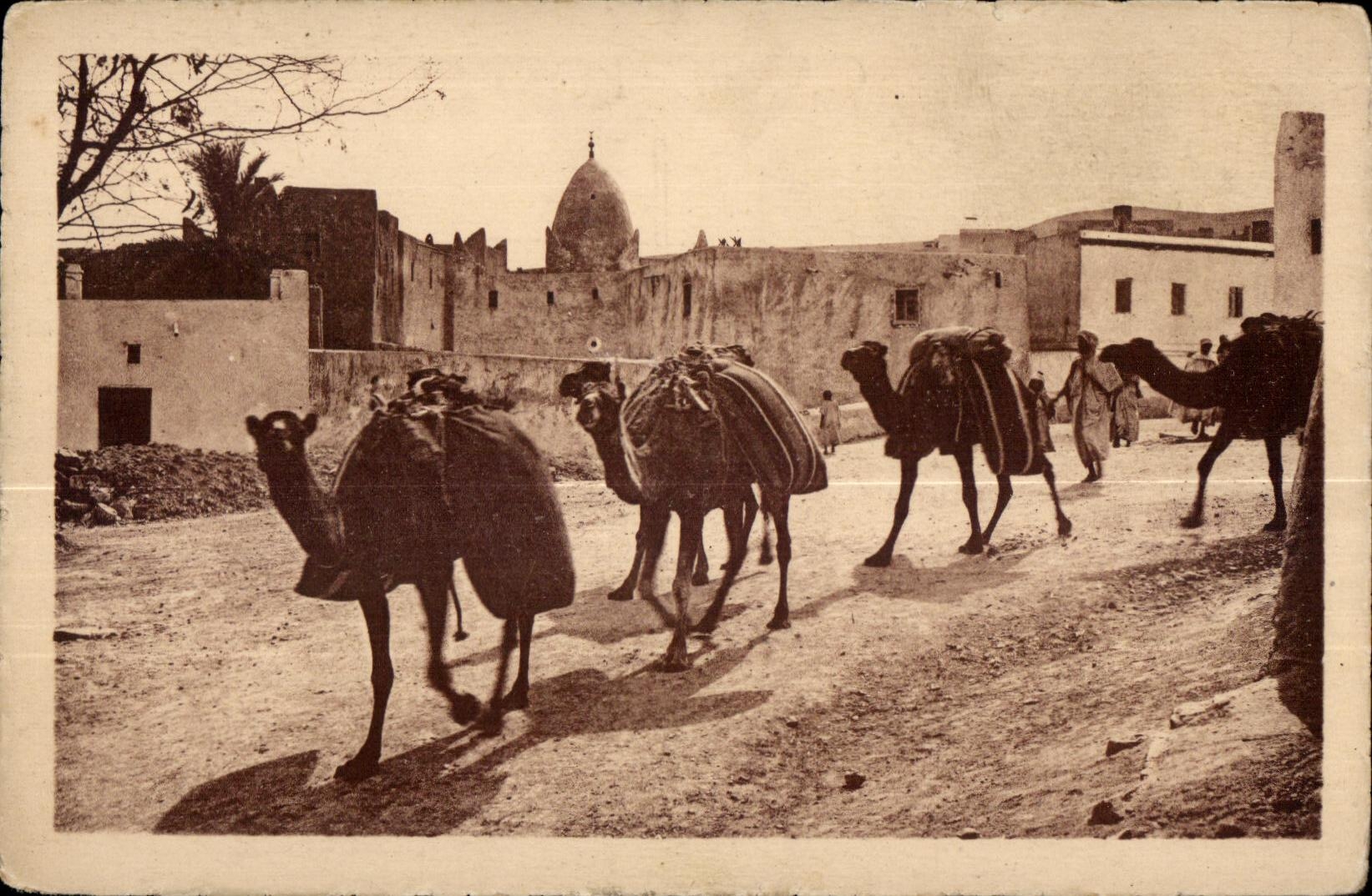CPA Maroc Une caravane traversant un Village du Sud CAmel Chameau