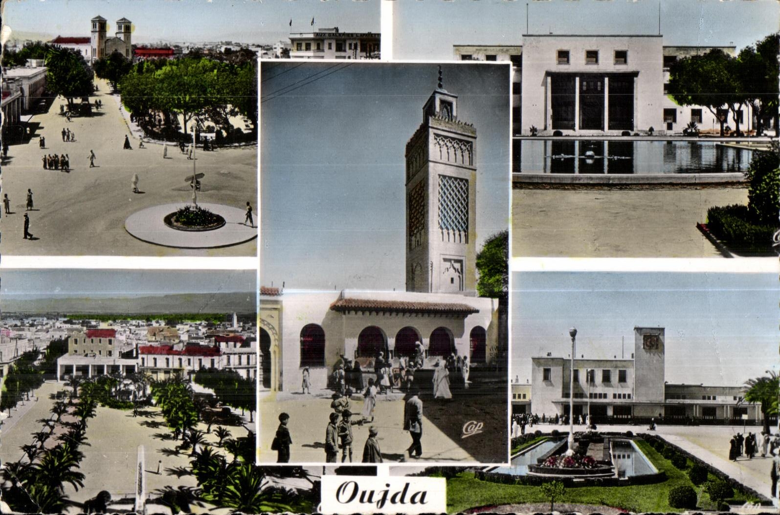 CPA Maroc Oujda La Place de Gaulle La Poste La Fontaine La Place G Clemeneeau Place de la Gare
