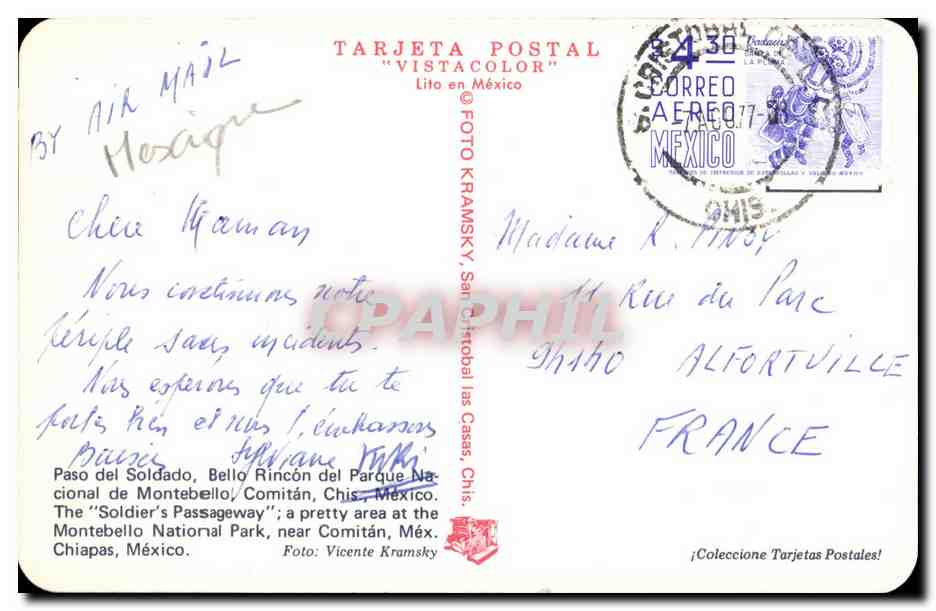 Paso del Soldado — Bello Rincón del Parque Nacional de Montebello, Chiapas, México — TARJETA POSTAL "VISTACOLOR" — Verso
