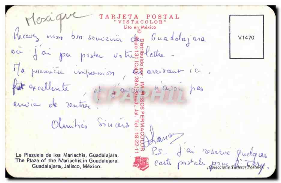 La Plazuela de los Mariachis — Guadalajara — TARJETA POSTAL "VISTACOLOR" — Verso