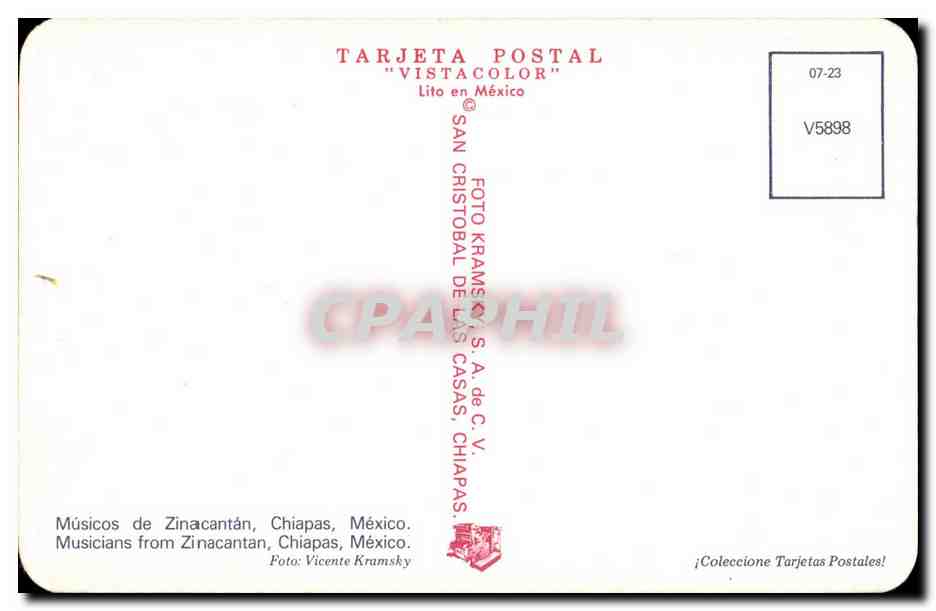 Musiciens de Zinacantán — Chiapas, Mexique — éditeur SAN CRISTOBAL DE LAS CASAS, S.A. de C.V. — Verso