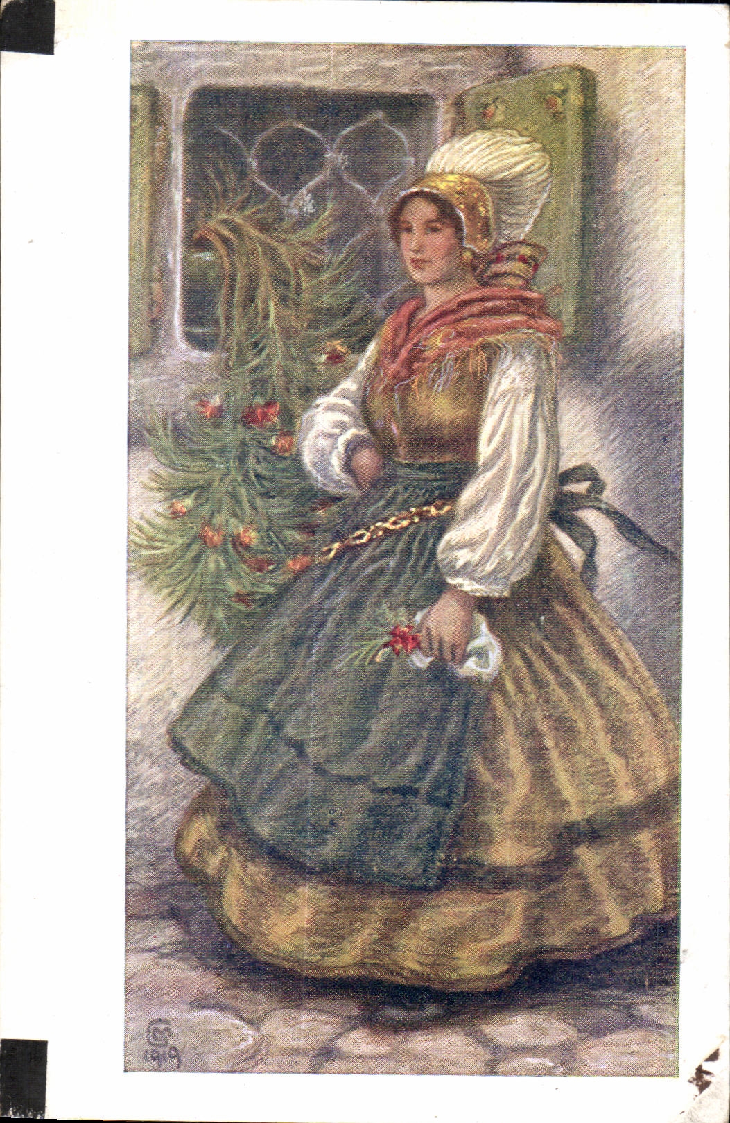 Femme en costume slovène — tenant un sapin de Noël — éditeur Slovenska Umetnost, n° 3