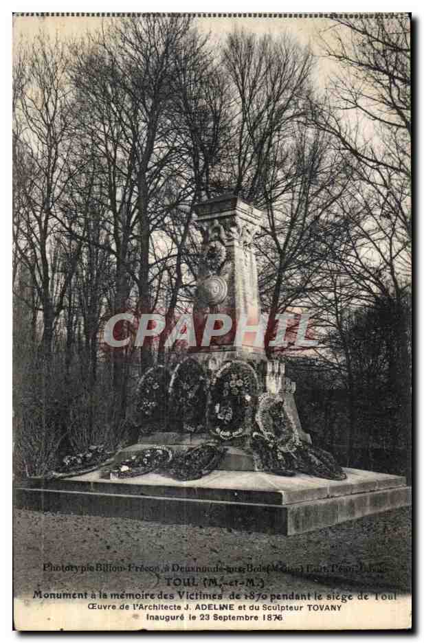 Monument aux Victimes de 1870 à Toul — œuvre de l'architecte Adeline et du sculpteur Tovany, inauguré le 23 septembre 1876 — Phototypie Billiou-Prison, Deuxnoude-les-Bas (Moselle)